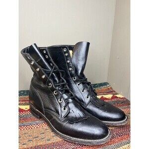 Vintage Justin Womens 6 B Black Kiltie Roper Leather Lace Up Western Boots